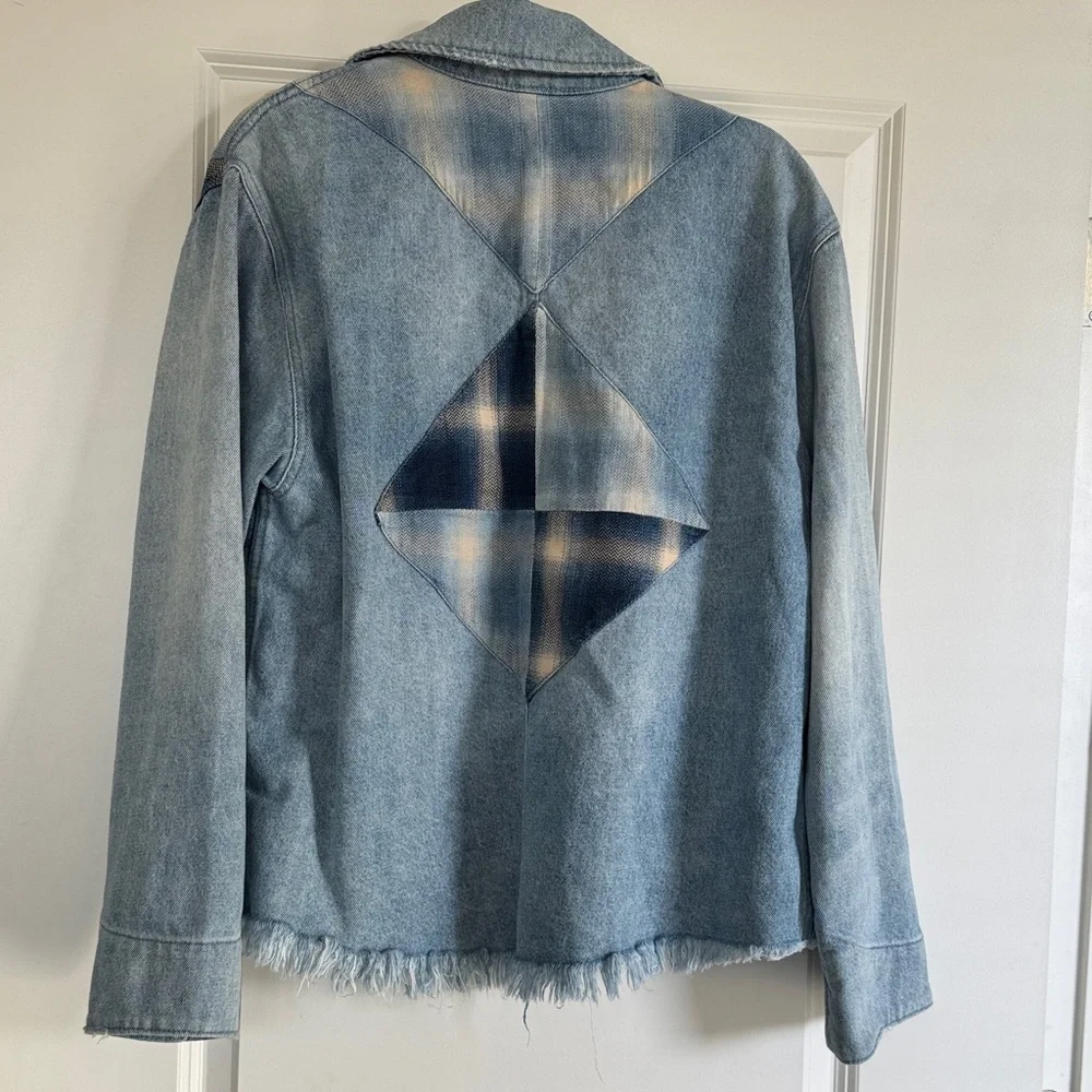 We The Free Blue Denim Jacket with Plaid Accents - Picture 8 of 9